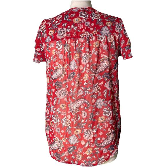 Knox Rose Red Paisley Print Tassel Short Ruffle Sleeve Blouse Size Small - Picture 3 of 3